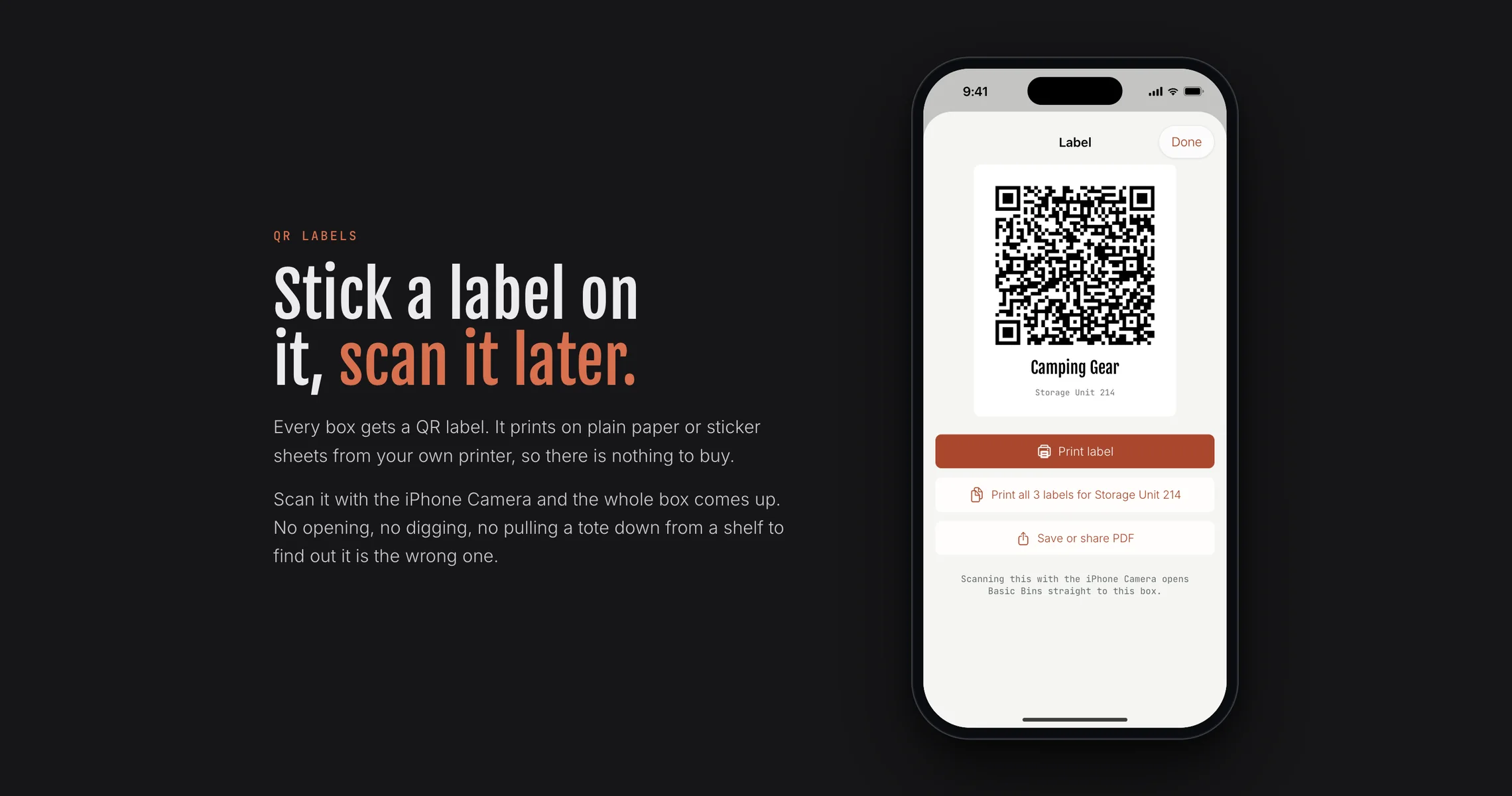 Bins&rsquo; QR label module: the printable label beside its copy