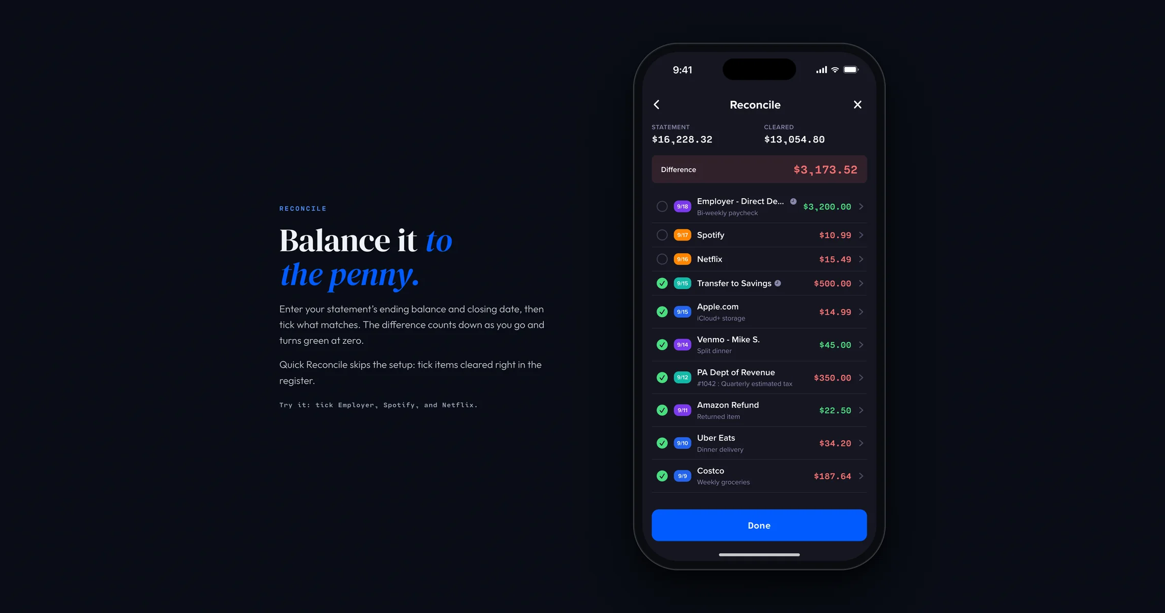 Checkbook&rsquo;s reconcile module: the statement balance, ticked off to the penny