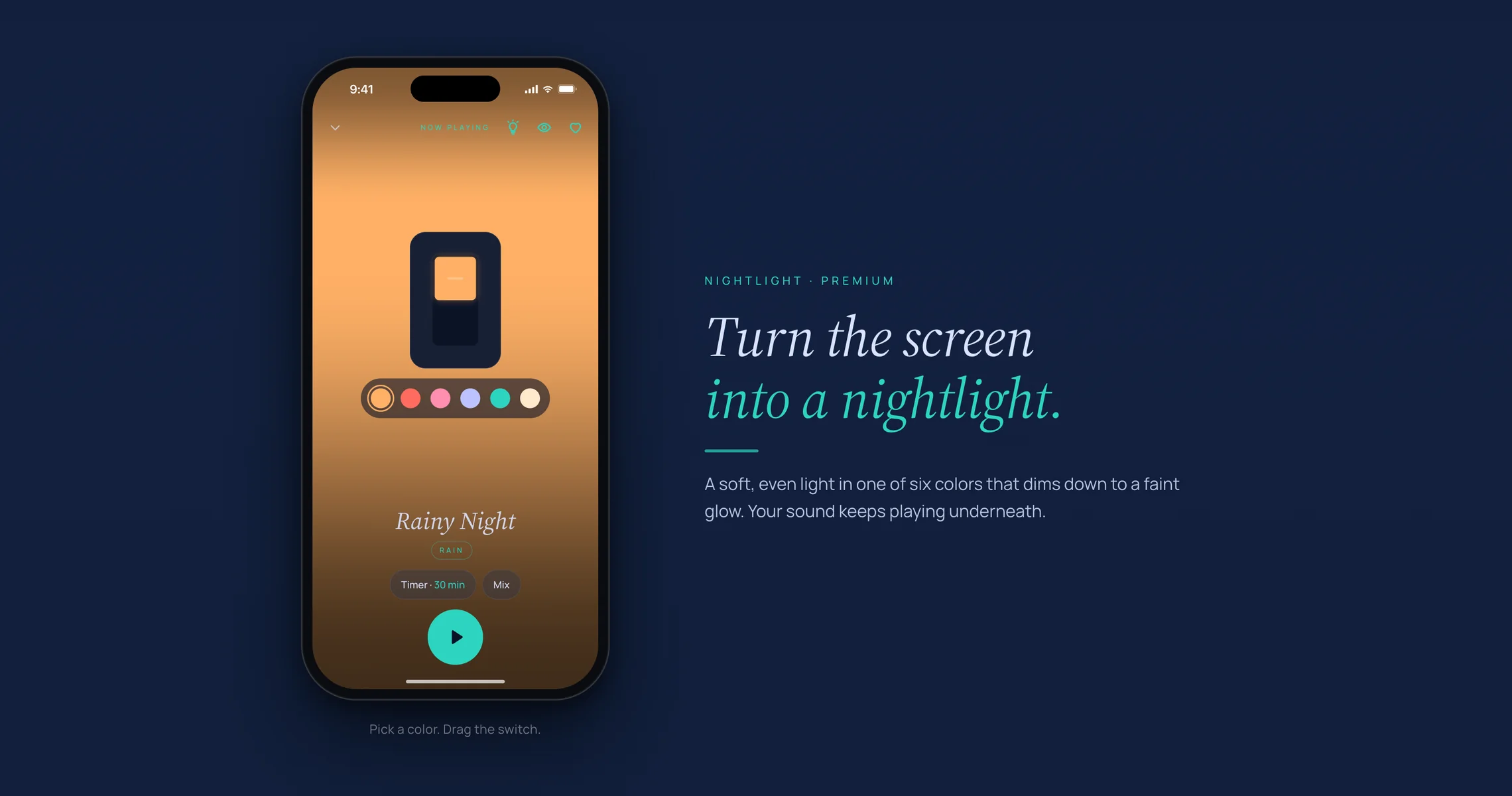 Drift&rsquo;s nightlight module: the phone glowing amber beside its copy, in Drift&rsquo;s night blue