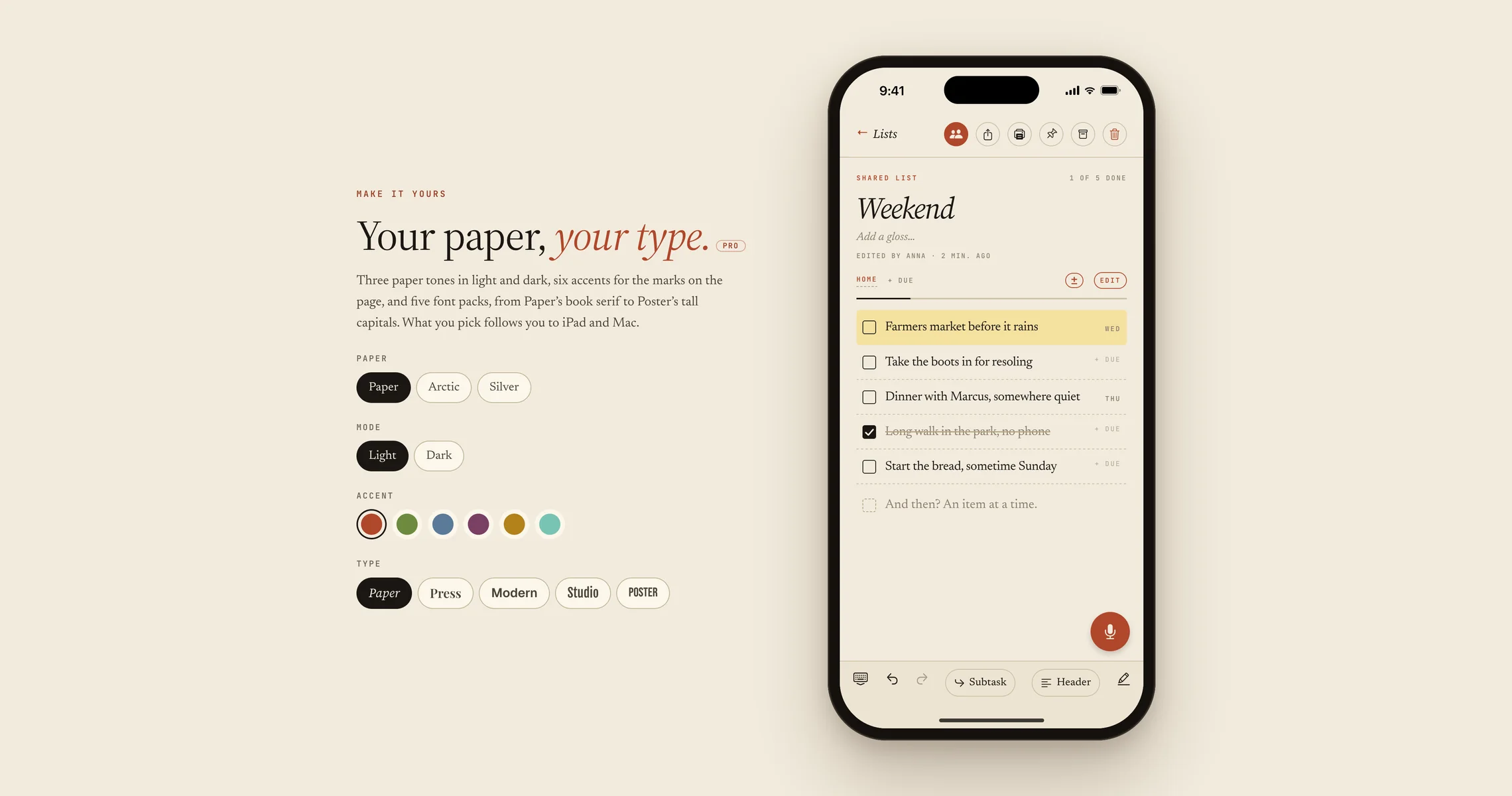 Ink&rsquo;s Make it yours module: paper, tone, accent and type, on paper