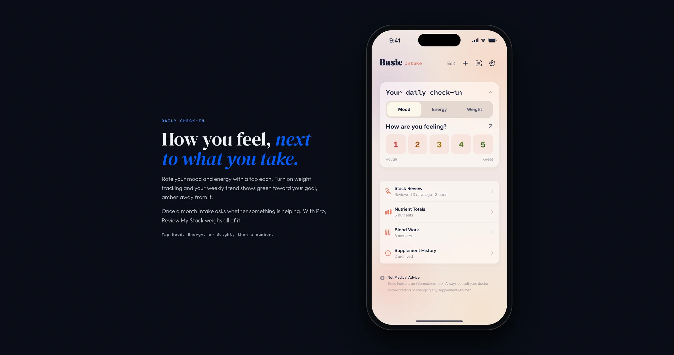 Intake&rsquo;s daily check-in module: mood, energy and weight beside what you take