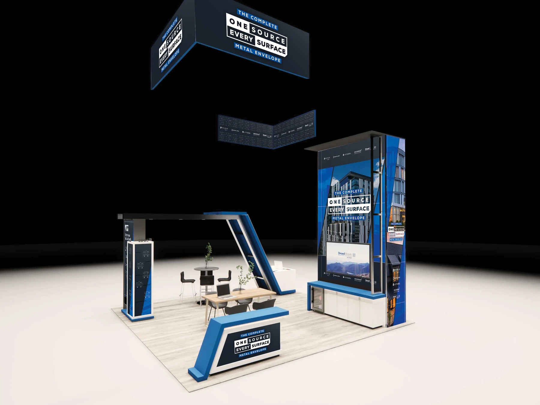 The booth from the aisle: the reception desk, the hanging sign and the main wall
