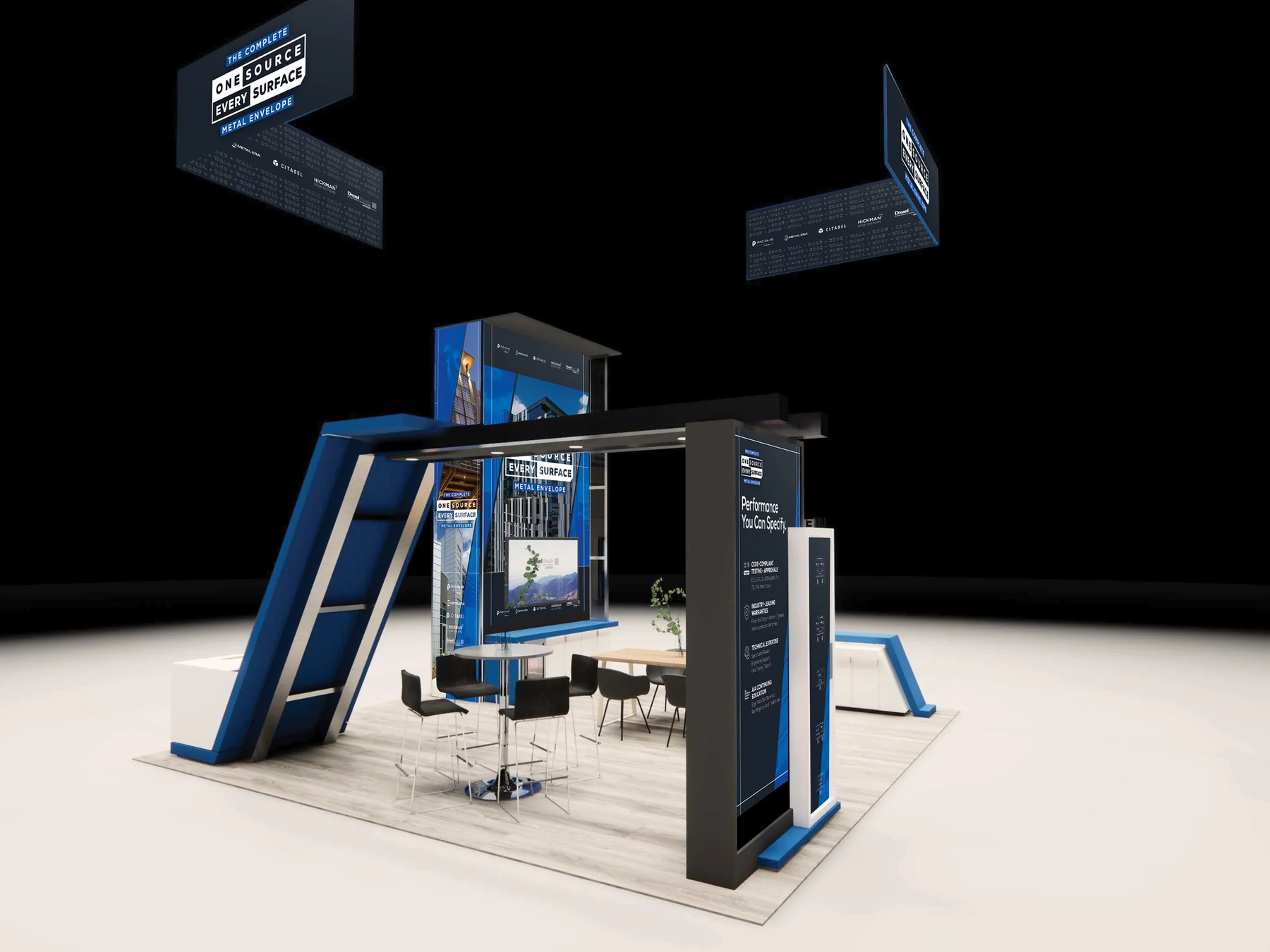 The back of the booth: the angled display, the lounge and the screen