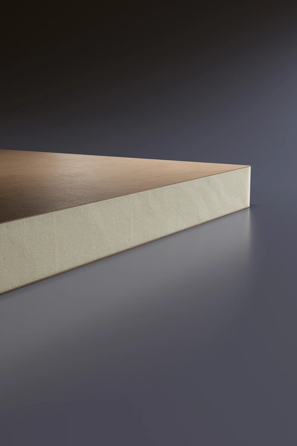 The board close up: the polyiso core under the facer