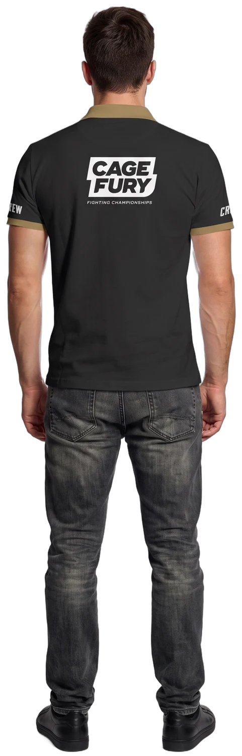 The crew polo from the back: the Cage Fury mark across the shoulders