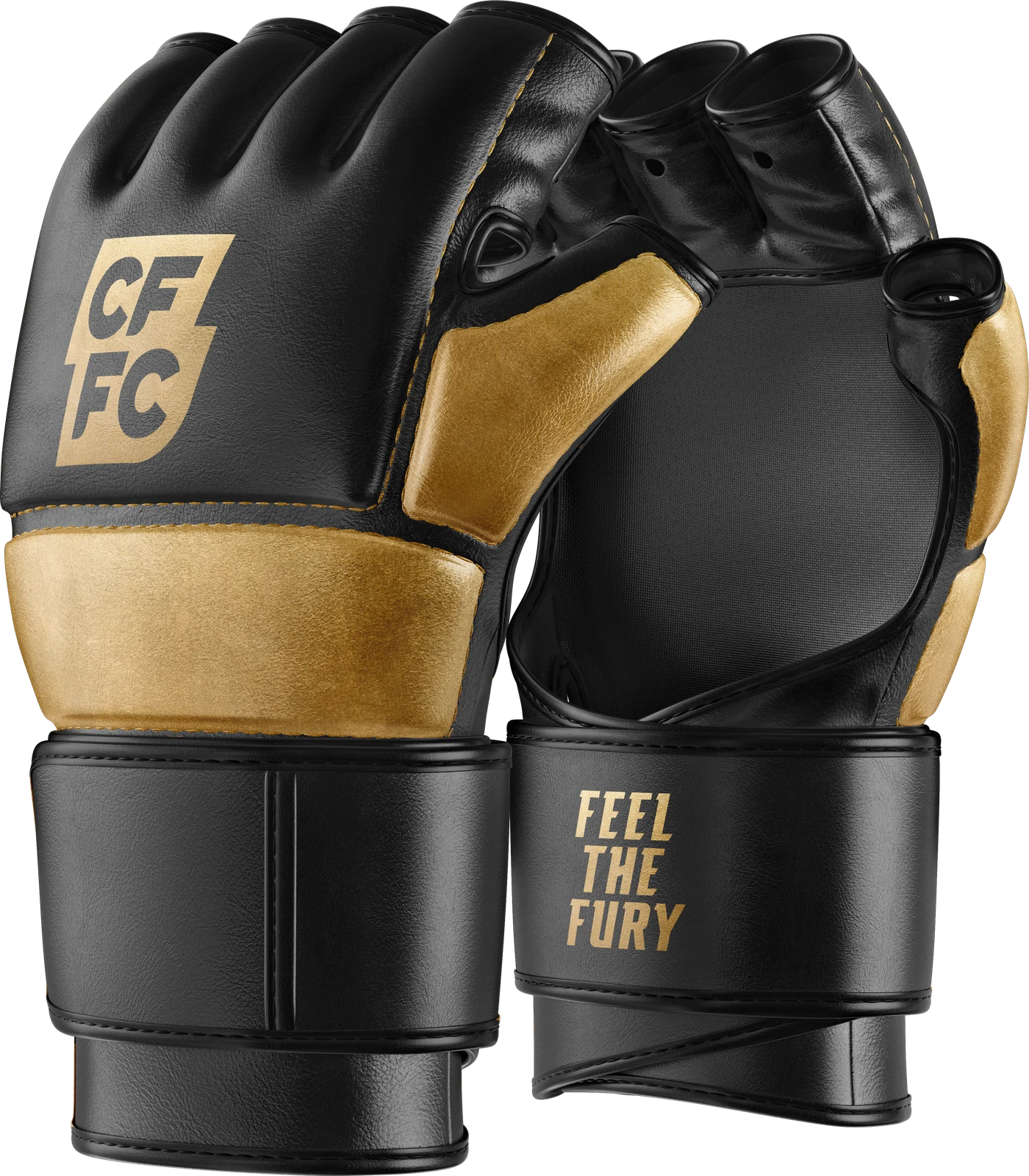 Cage Fury fight gloves in black and gold, Feel the Fury on the cuff