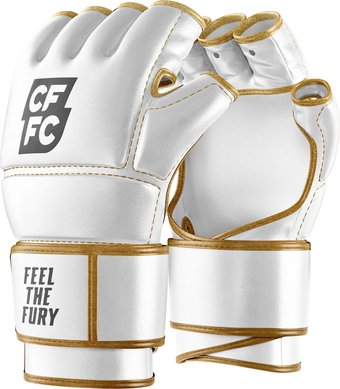 Cage Fury fight gloves in white and gold, Feel the Fury on the cuff