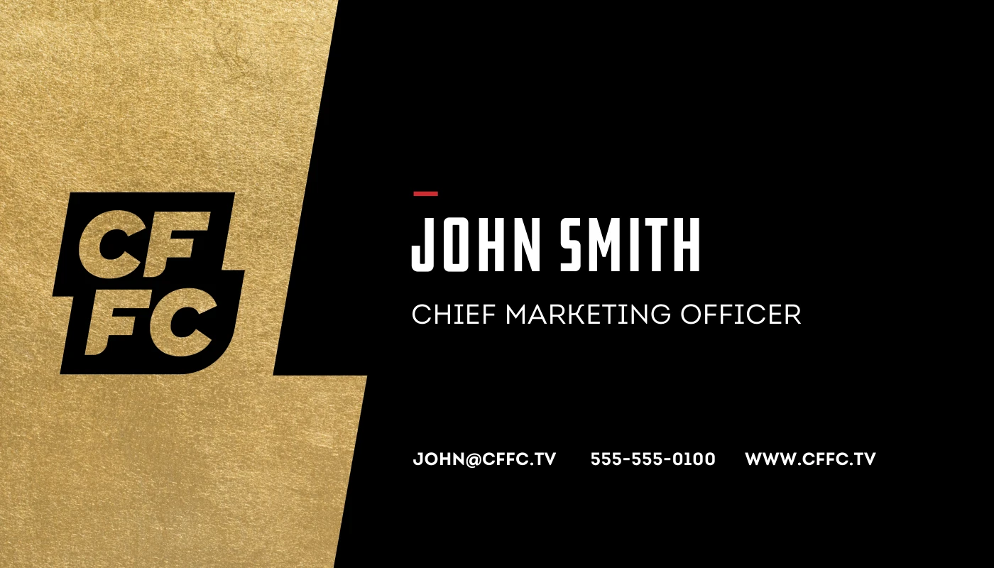 Business card back: the CFFC monogram knocked out of gold foil, a name, title and contact line