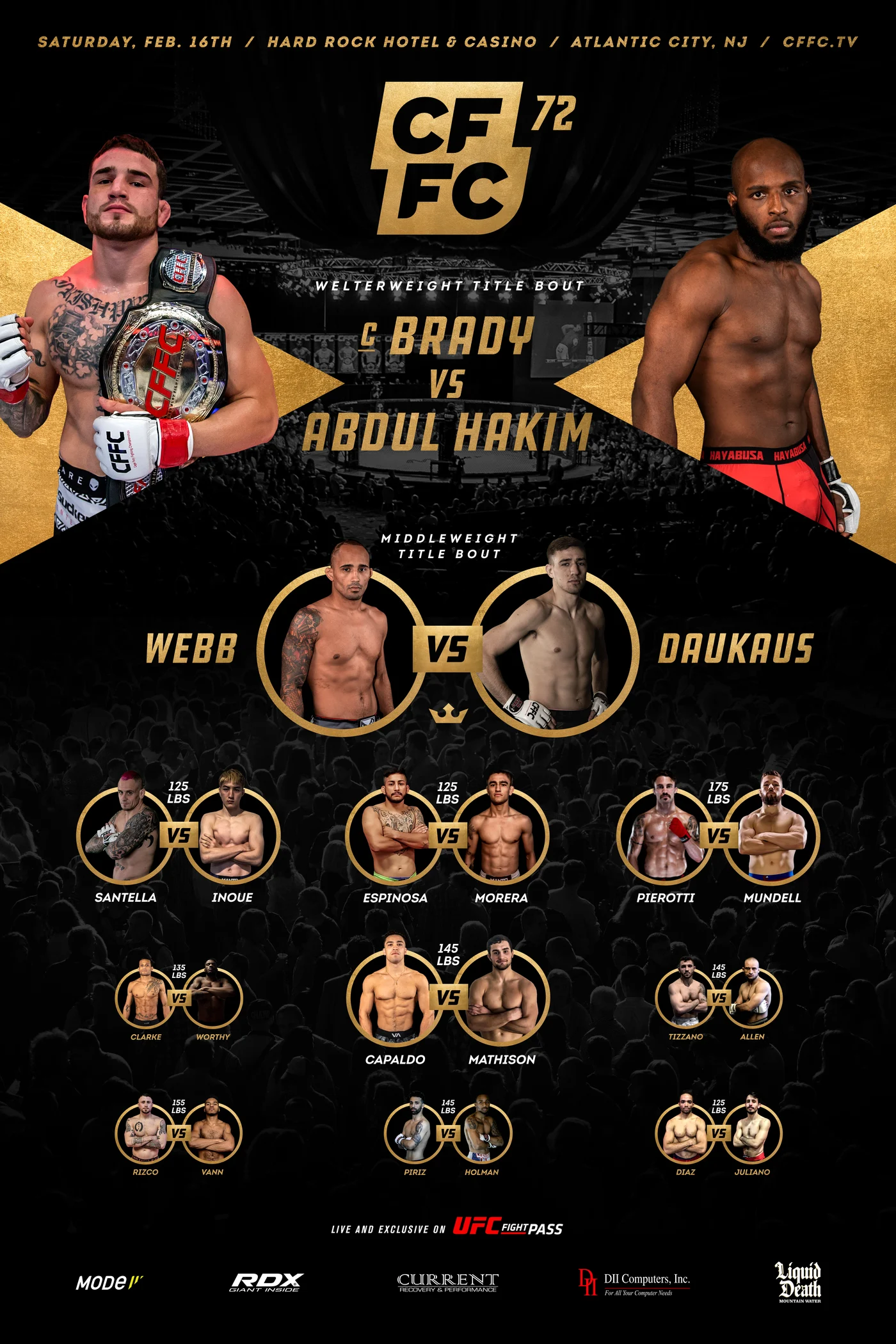The CFFC 72 fight poster: Brady vs Abdul Hakim, Webb vs Daukaus and the full card, Hard Rock Hotel and Casino, Atlantic City