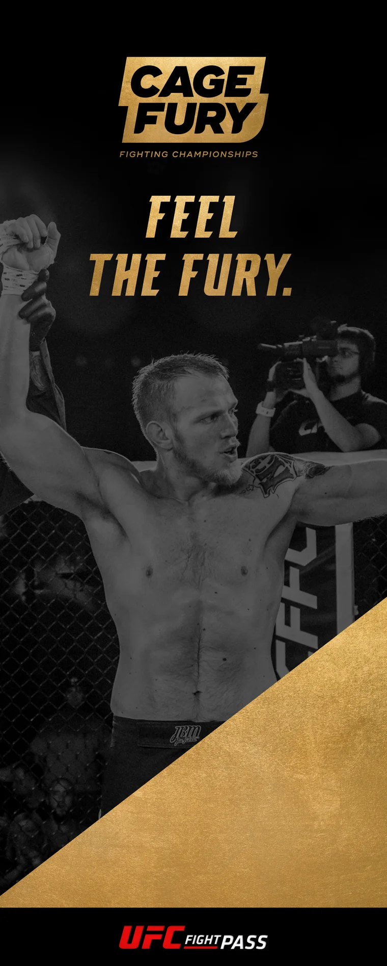 Roll-up banner: Feel the Fury, a fighter with his hand raised