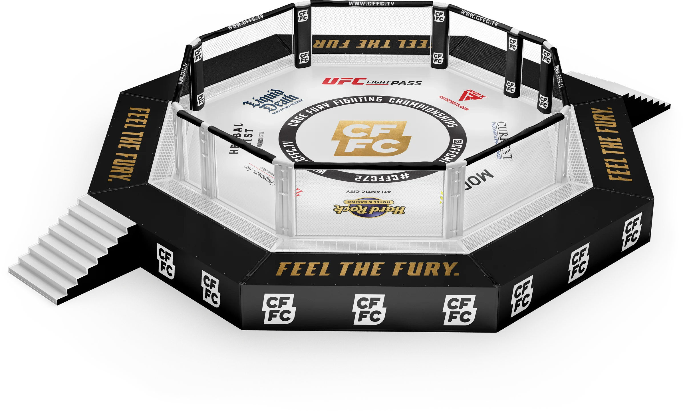 The Cage Fury cage: Feel the Fury on the apron, the CFFC monogram on the canvas and on every post