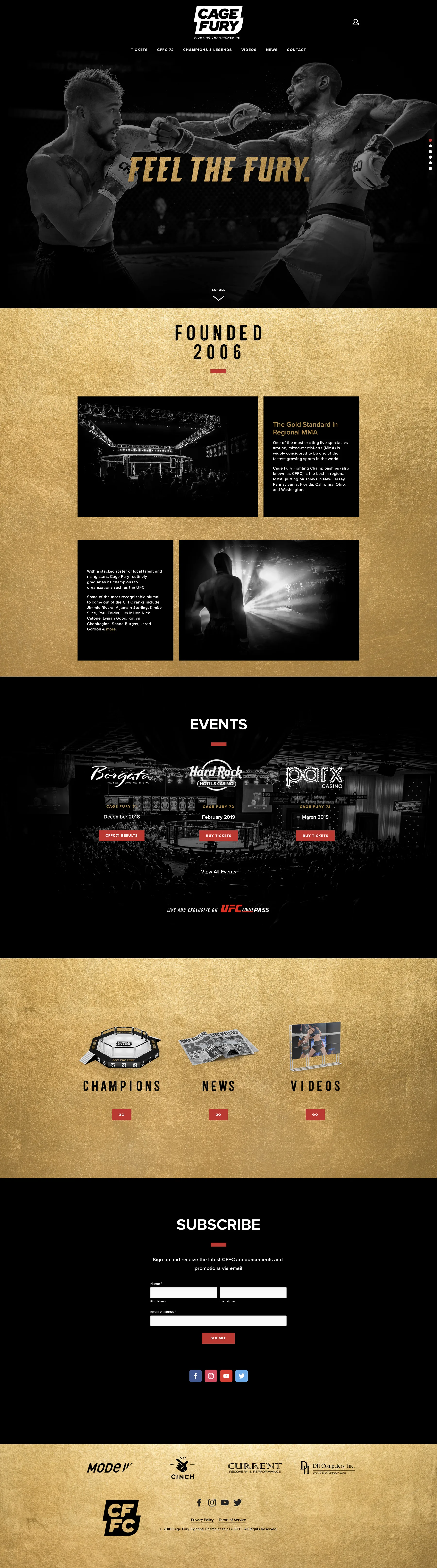 The Cage Fury homepage design: Feel the Fury over a fight photo, Founded 2006 on gold, upcoming events at Borgata, Hard Rock and Parx, champions, news and videos, and a subscribe form