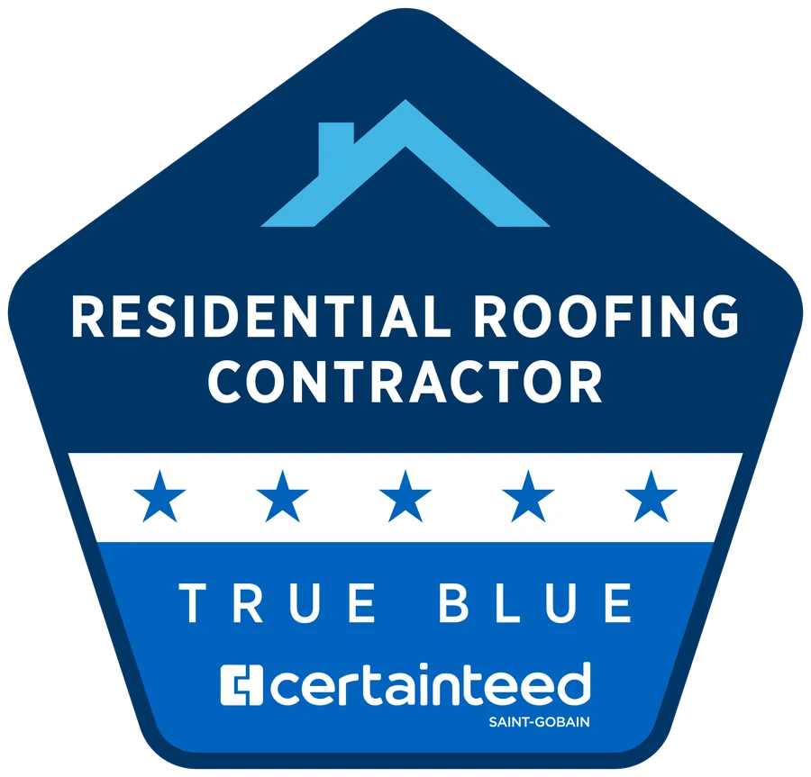 The True Blue residential roofing badge