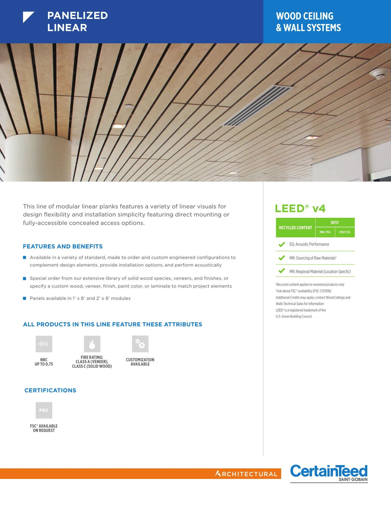 Panelized linear wood ceiling and wall systems data sheet, page 1