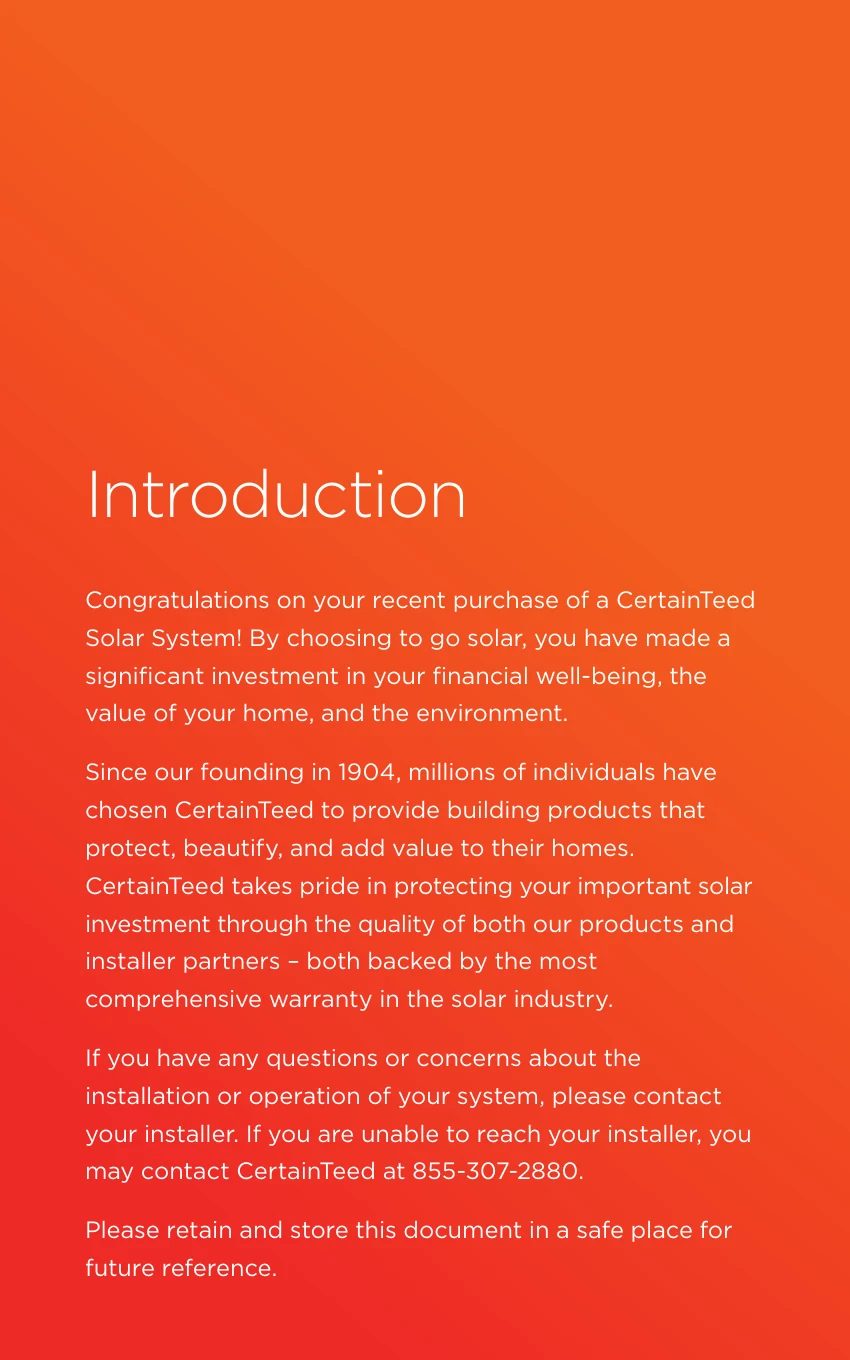 The CertainTeed Solar homeowner's manual, page 2