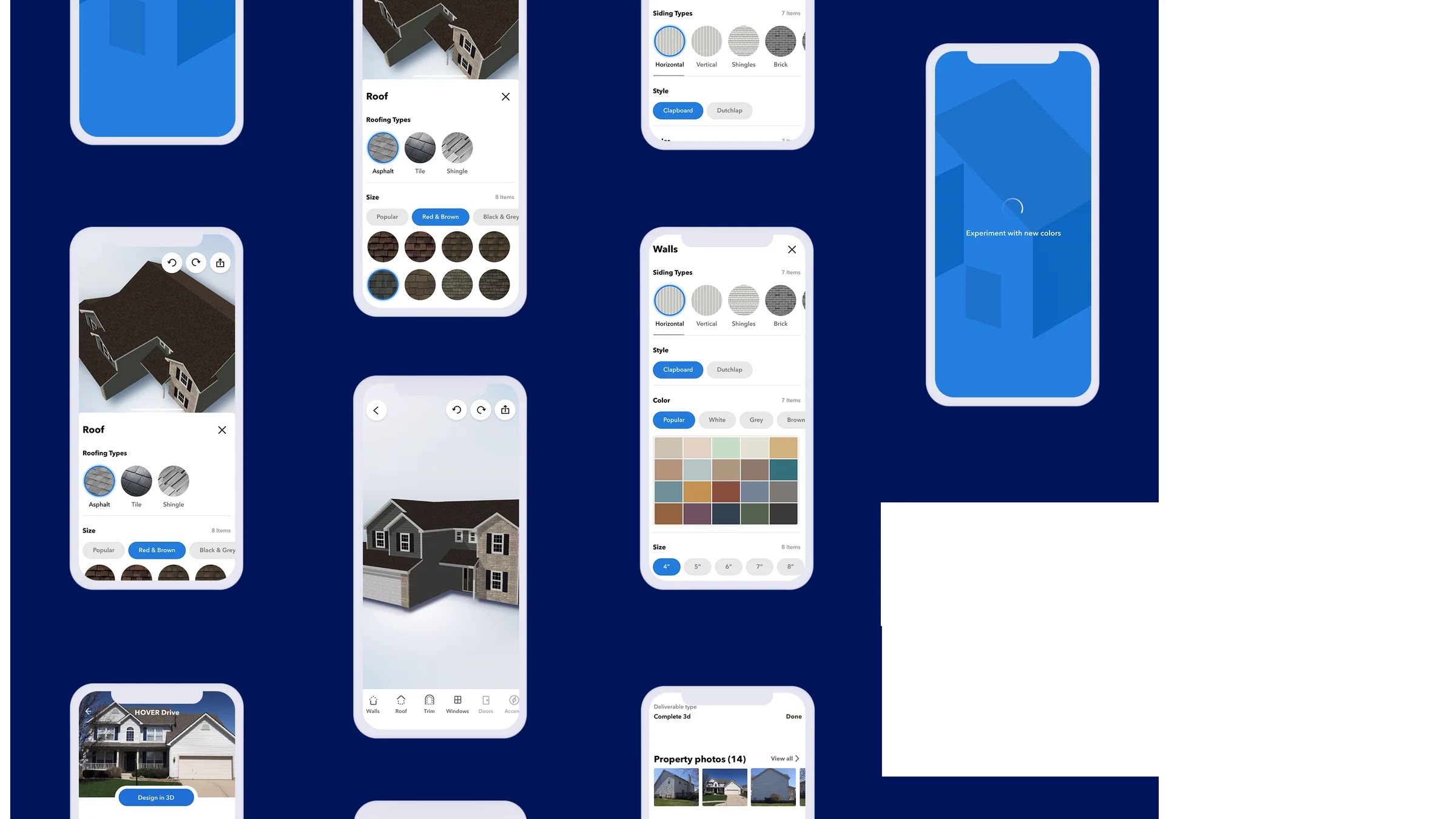 Nine screens of the Colorview app: roof and siding pickers, colour swatches, the house in 3D