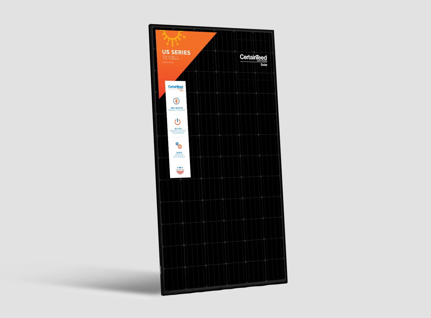 A CertainTeed solar panel with its US Series label