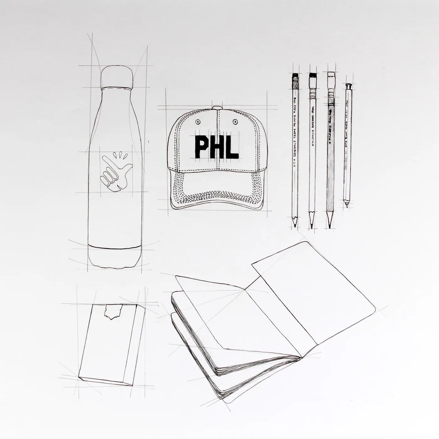 Sketches: a bottle, a PHL cap, pens and a notebook. Illustration by hand.