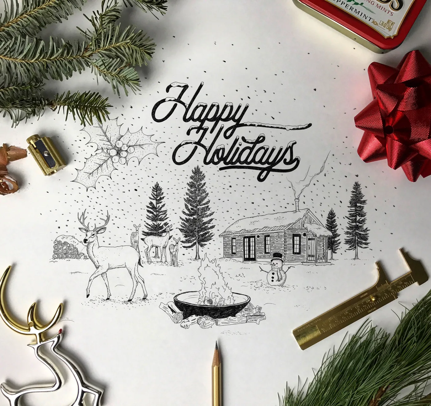 Happy Holidays. Lettering and illustration by hand.