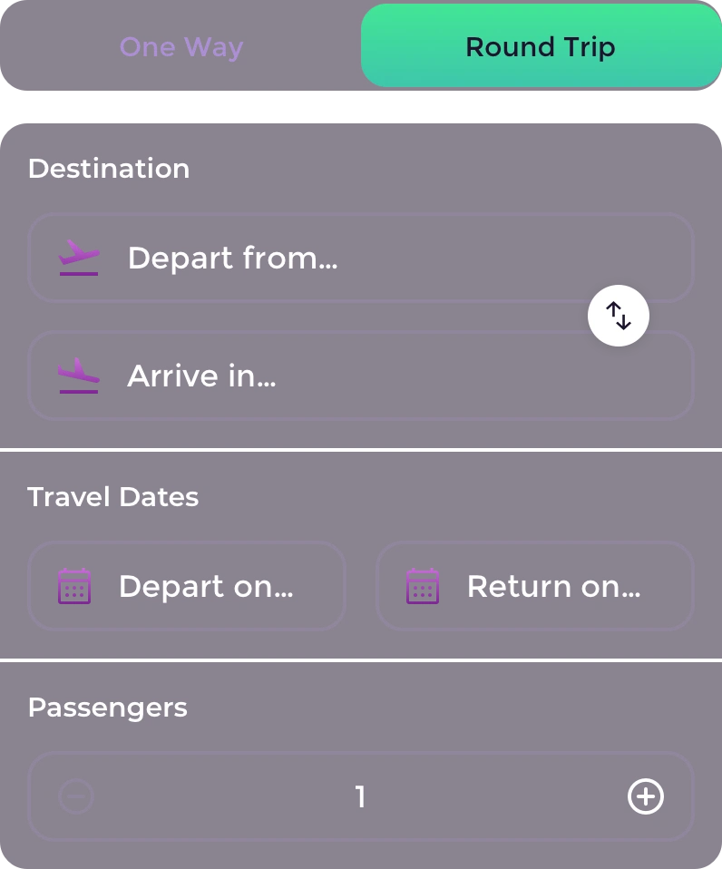 The booking engine: one way or round trip, destination, dates and passengers