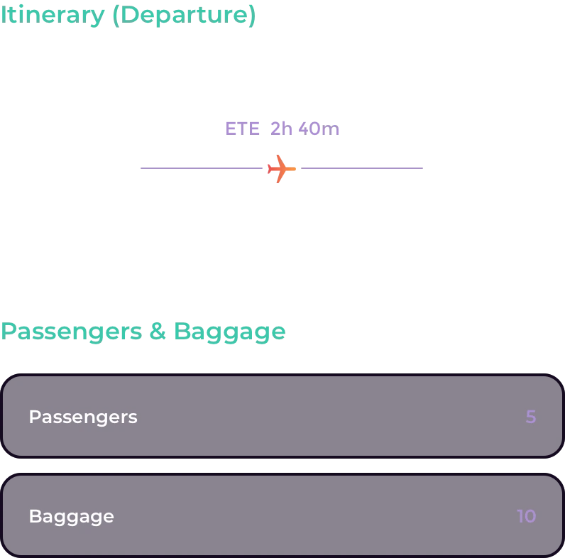 An itinerary: KTTN to KFFL, passengers and baggage