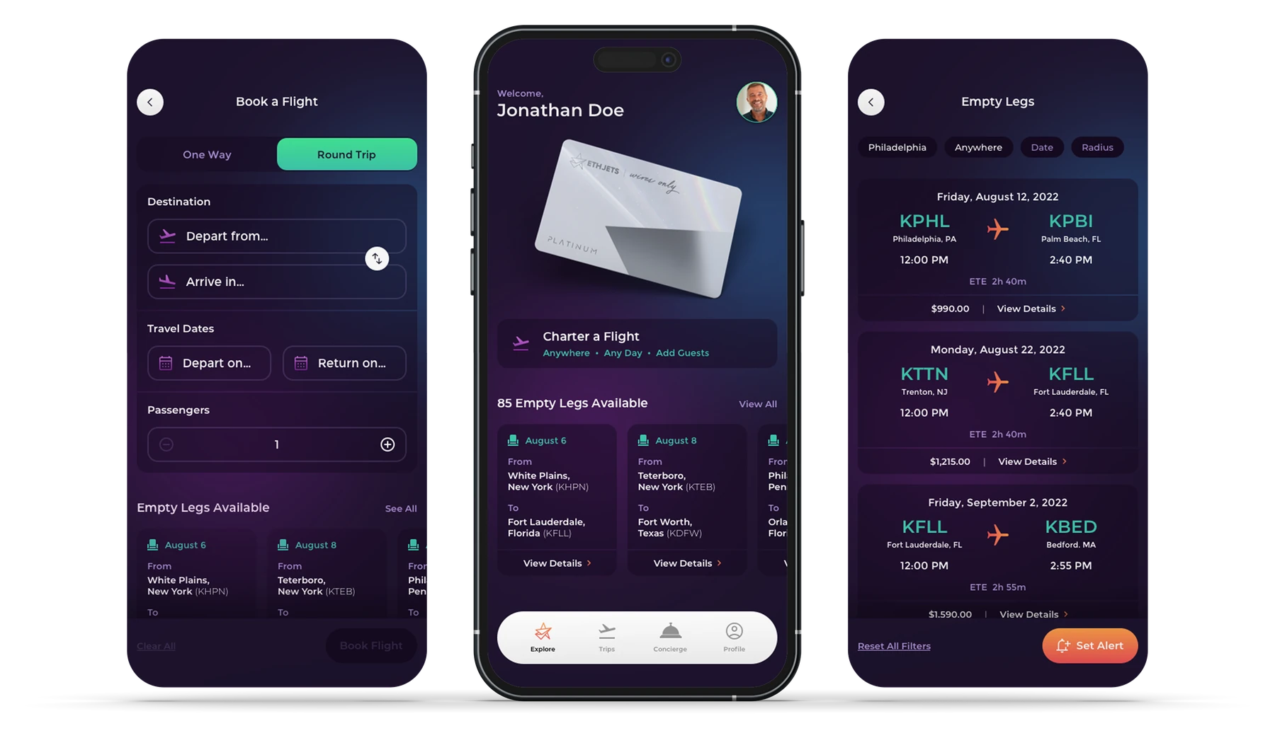 Three screens of the EthJets app: booking, the member home and empty legs