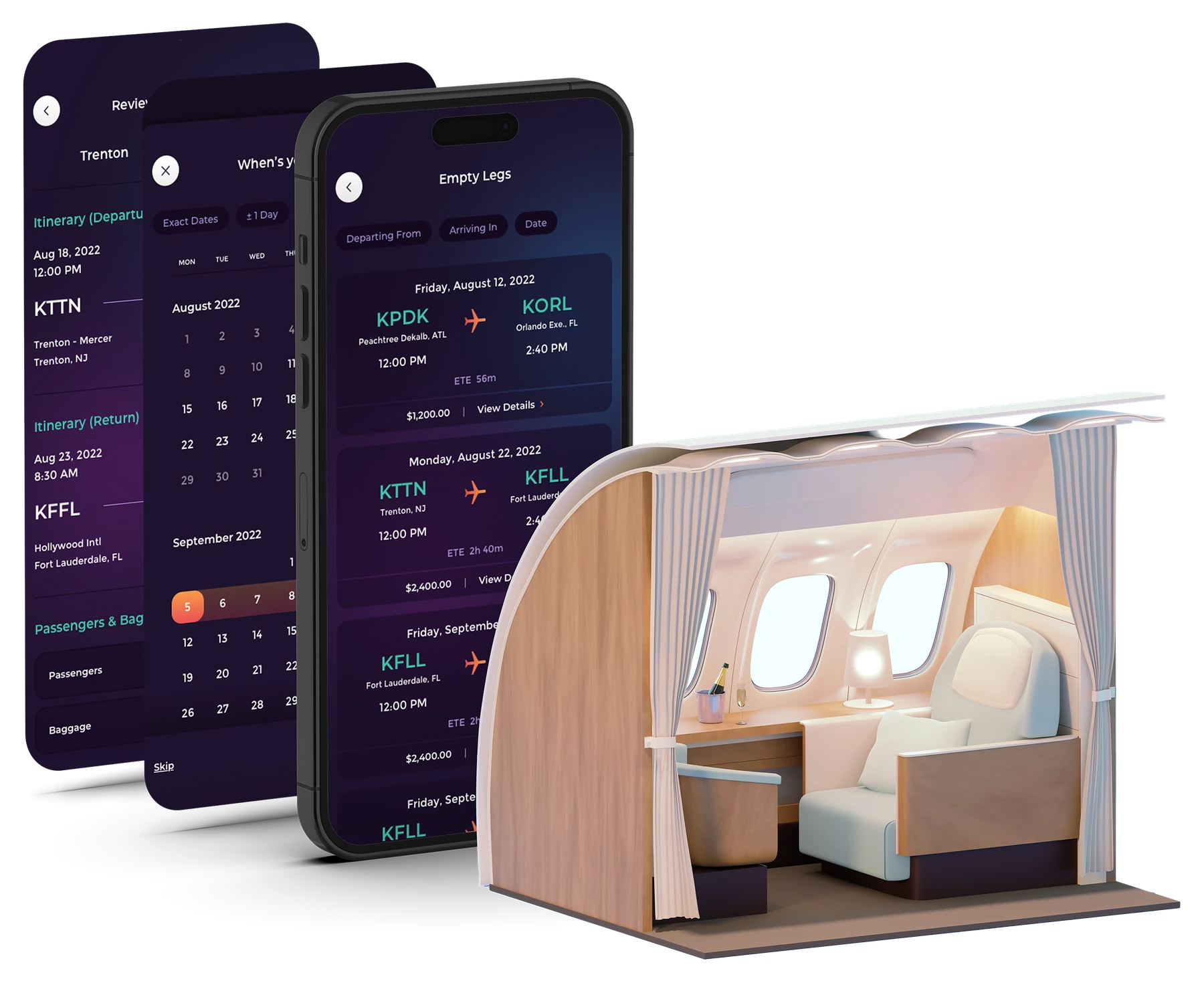 The app beside a private jet seat