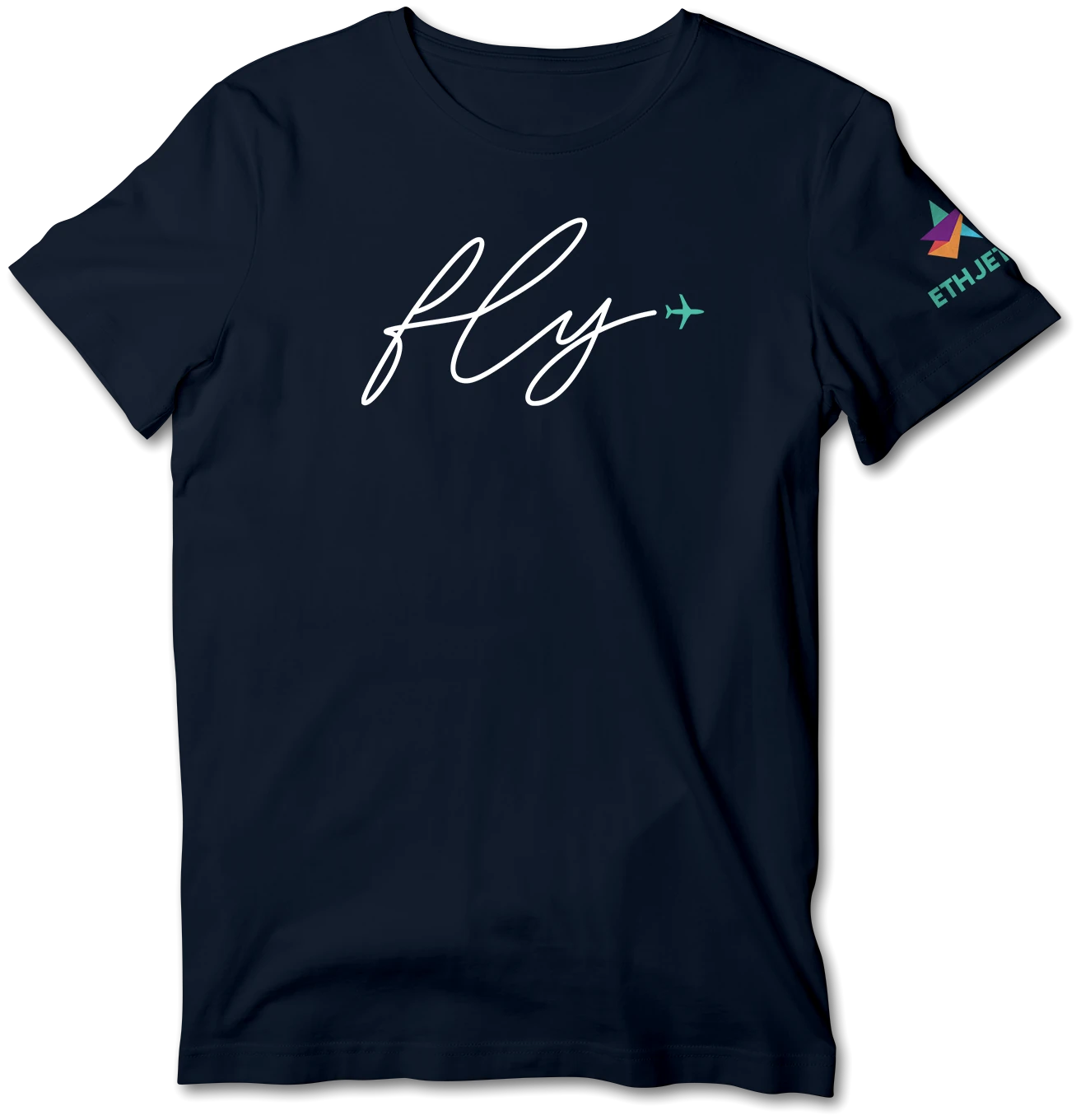 A navy tee with fly in script