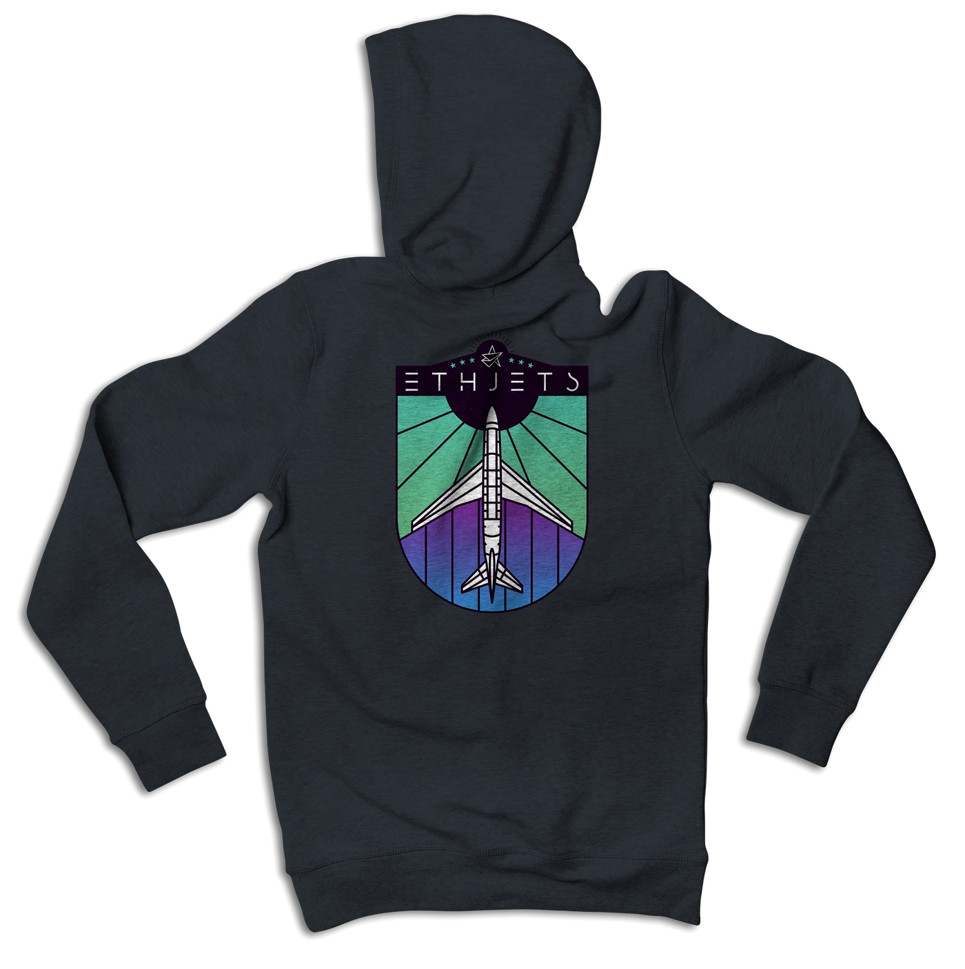 The KRVS hoodie, back: a jet on a runway in the star