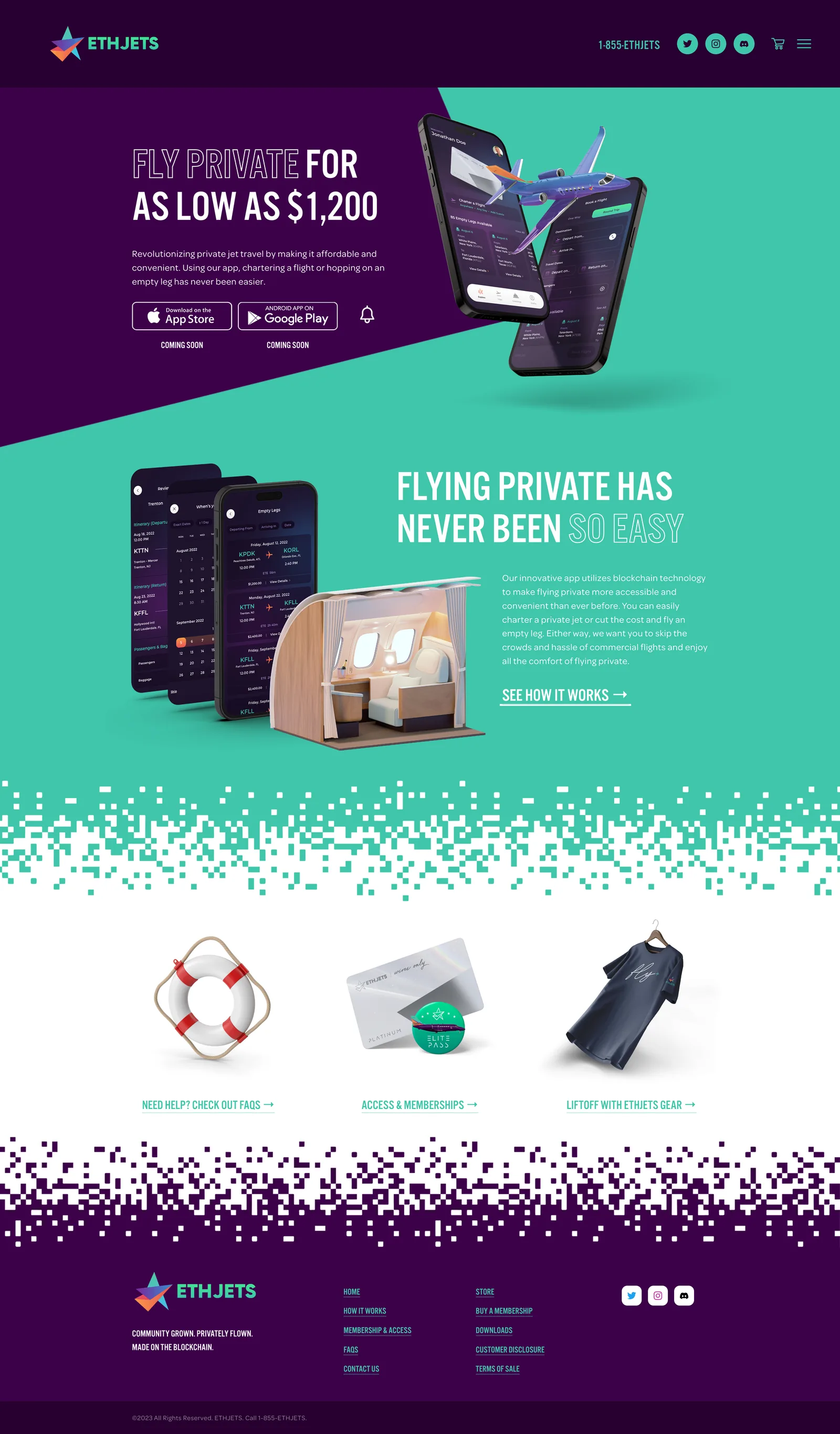The EthJets homepage: fly private for as low as $1,200
