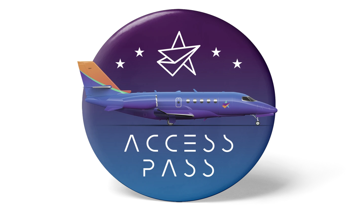 The Access Pass token: a jet over a purple coin