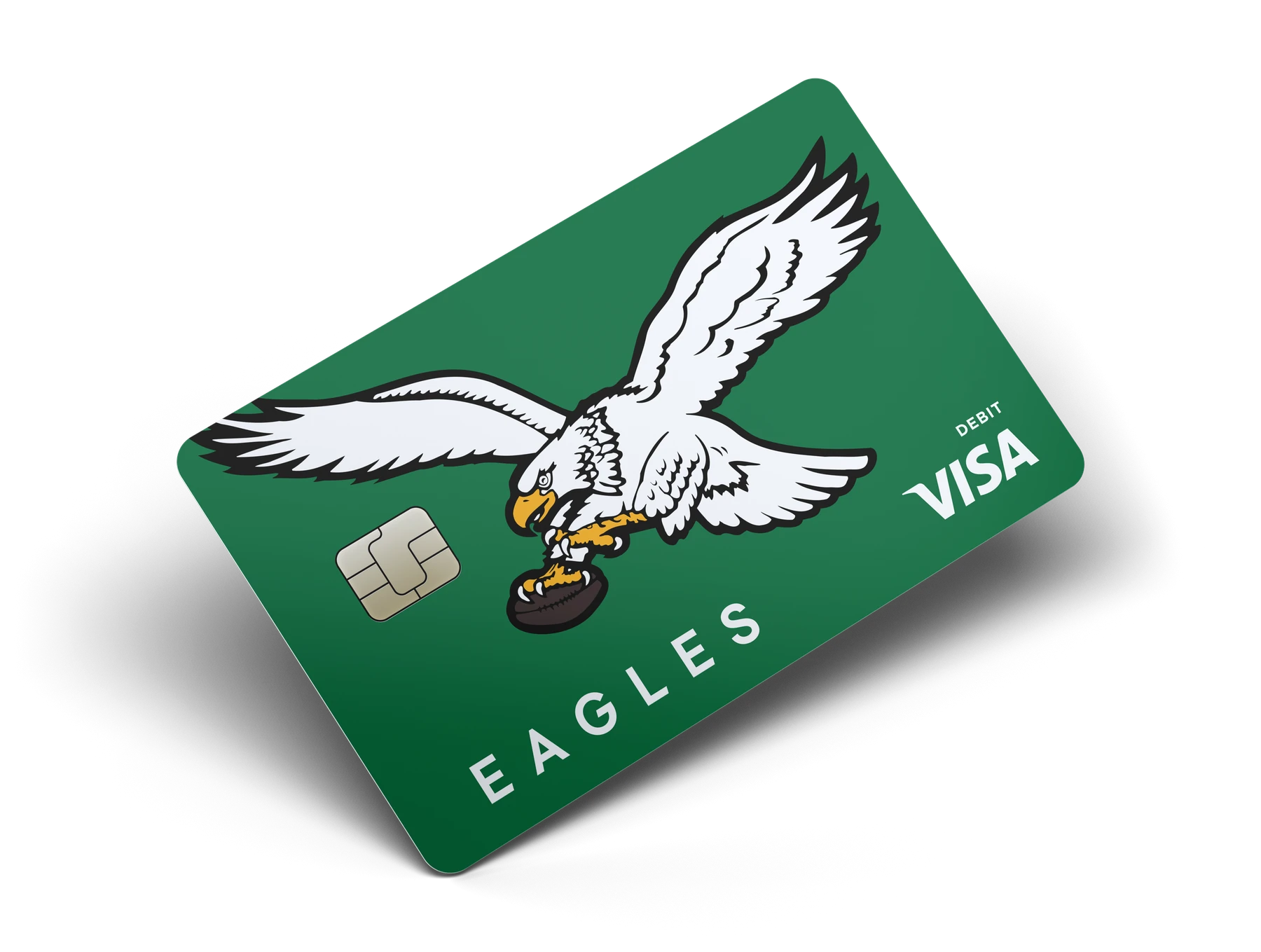 The kelly green Eagles debit card, with the throwback eagle