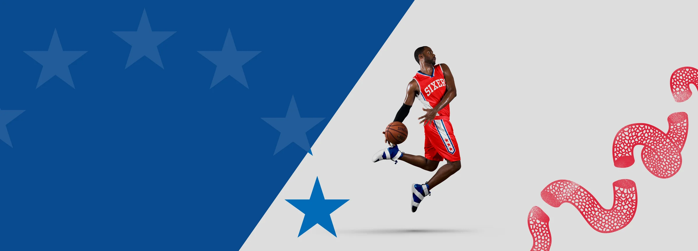 The 76ers checking hero: a Sixers dunk over the flag, stars and a red ribbon