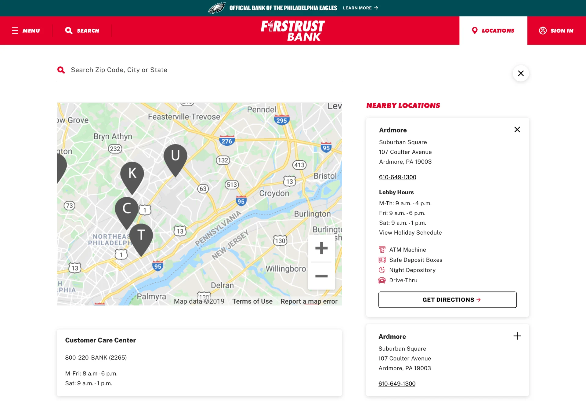Locations: a map of nearby branches with hours and services