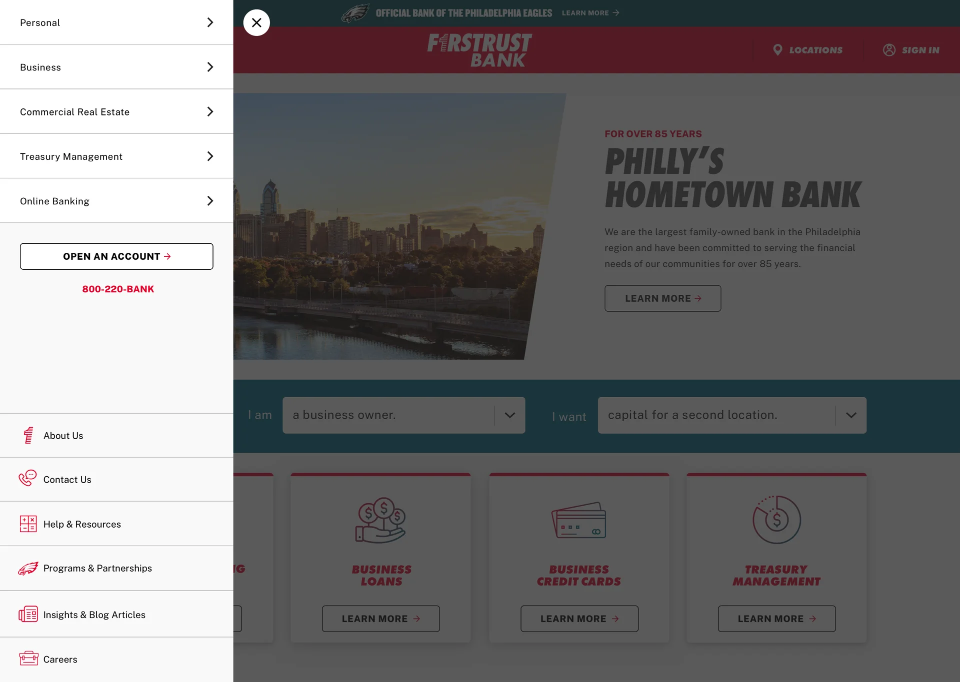 The menu open: personal, business, commercial real estate, treasury management, online banking