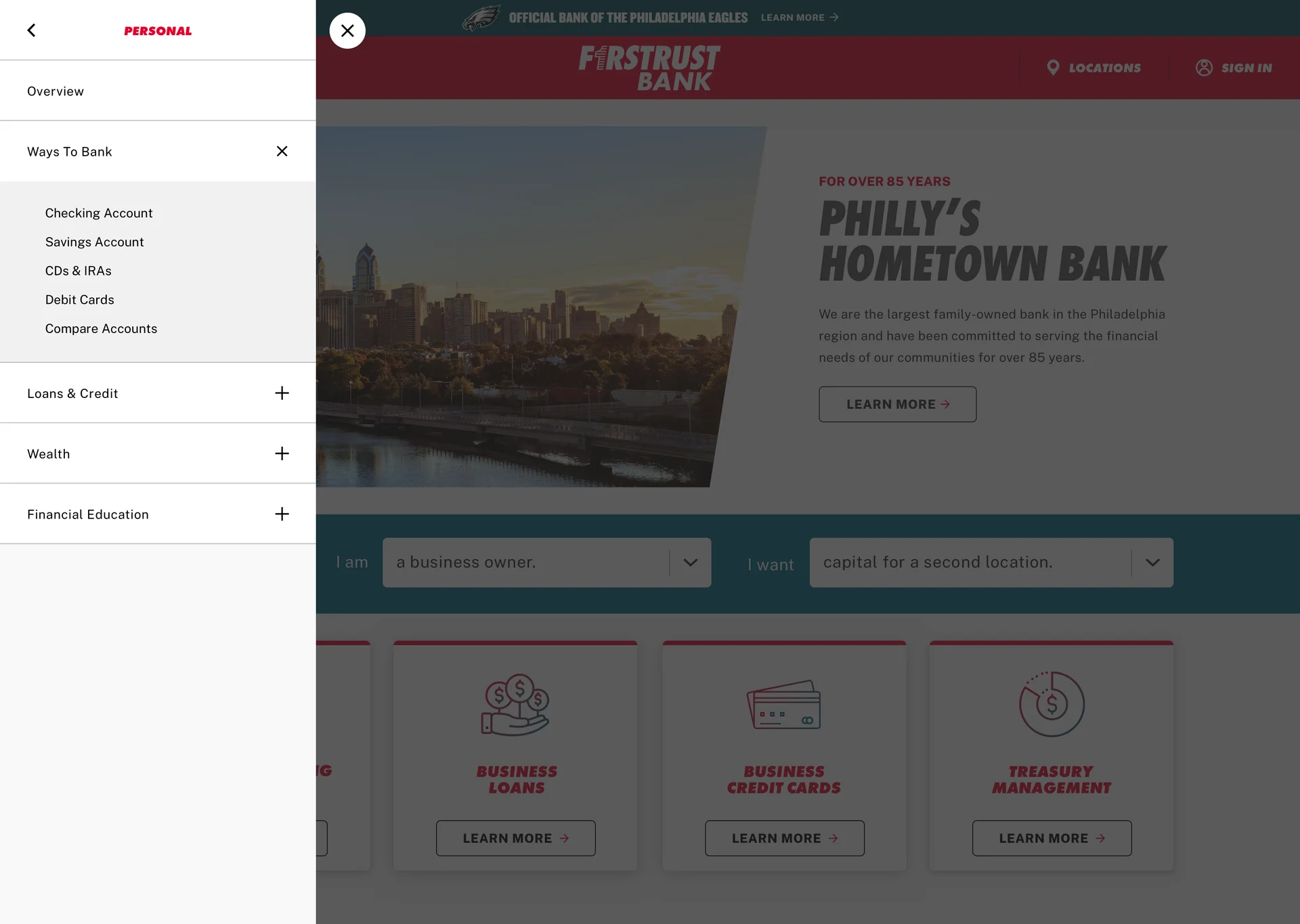 The personal menu open to ways to bank