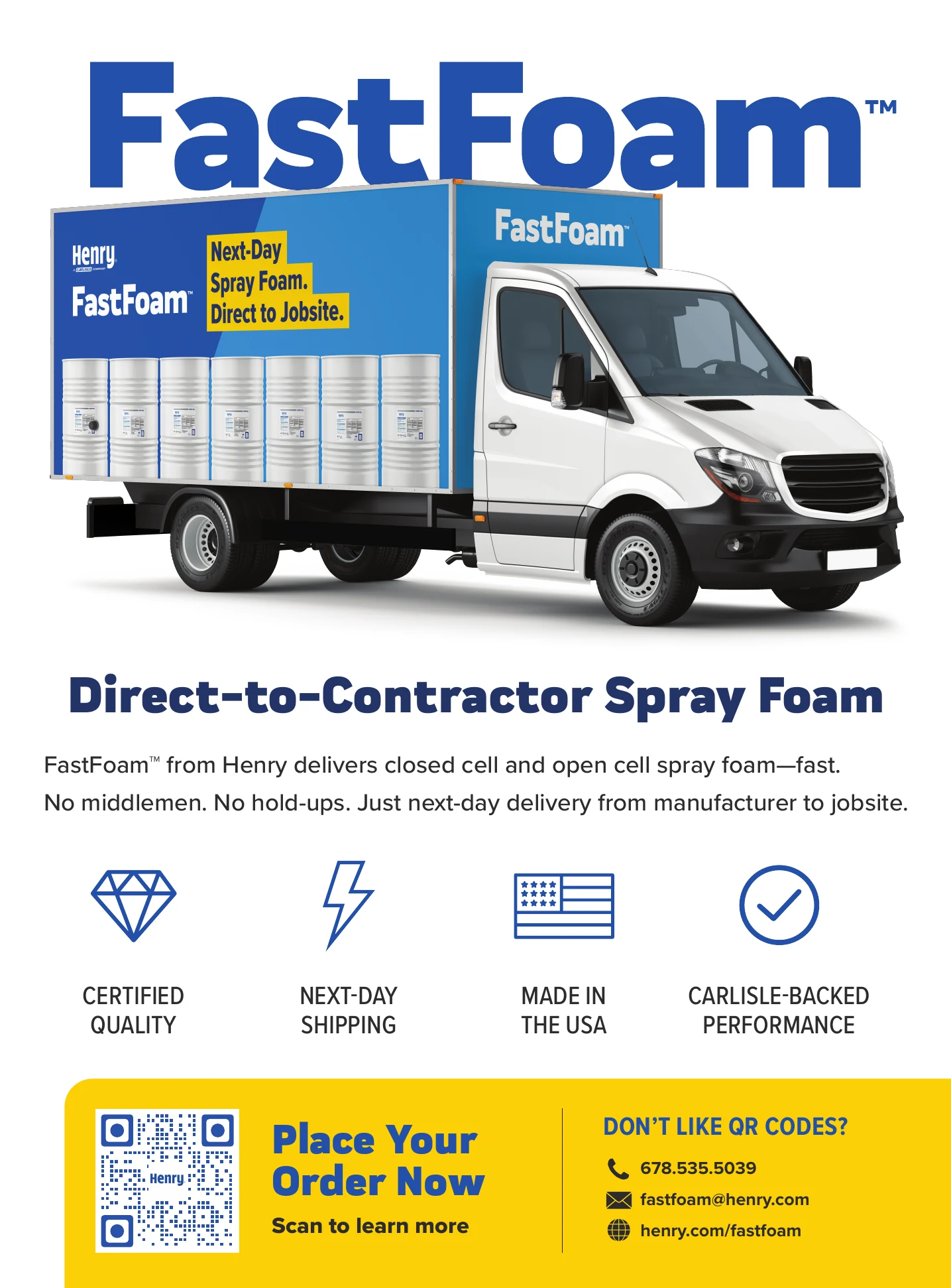 The mailer opened: direct-to-contractor spray foam, next-day delivery from manufacturer to jobsite
