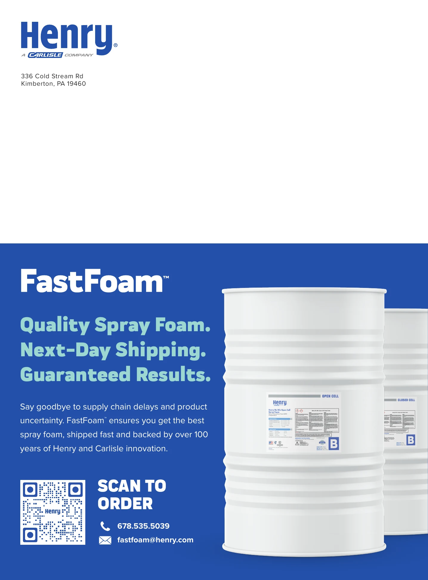 The back: the mailing panel over quality spray foam, next-day shipping, guaranteed results, and a code to order