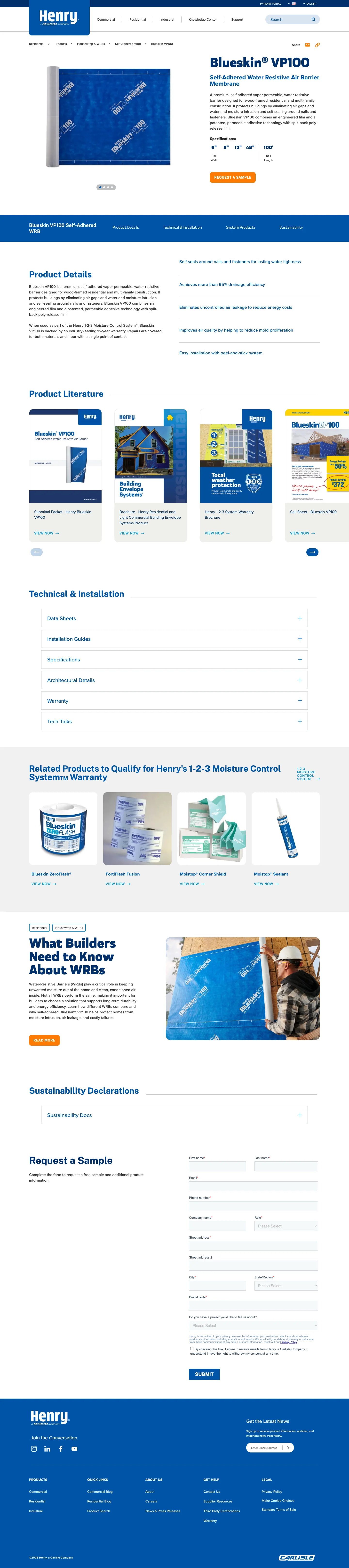 A product page: Blueskin VP100, the self-adhered WRB