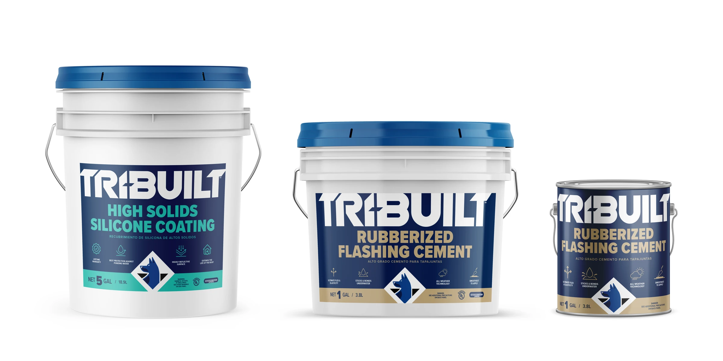 The Tri-Built line: a silicone coating pail, and a flashing cement pail and can