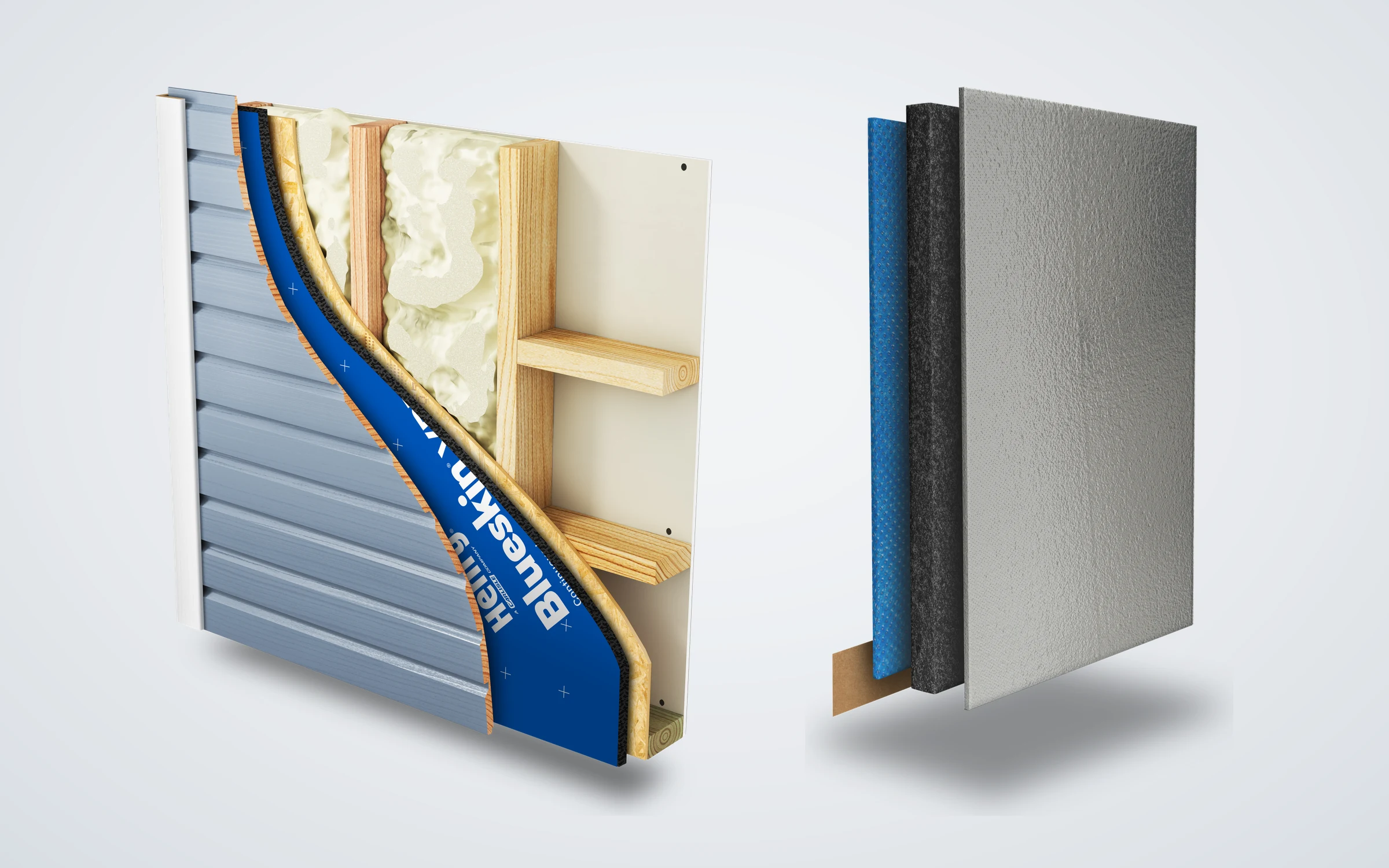 Cross sections: a wall with Blueskin VPTech between the siding and the studs, and the panel pulled apart into its Blueskin VP100 facer, its GPS insulation, its metallized backer and the seam tape