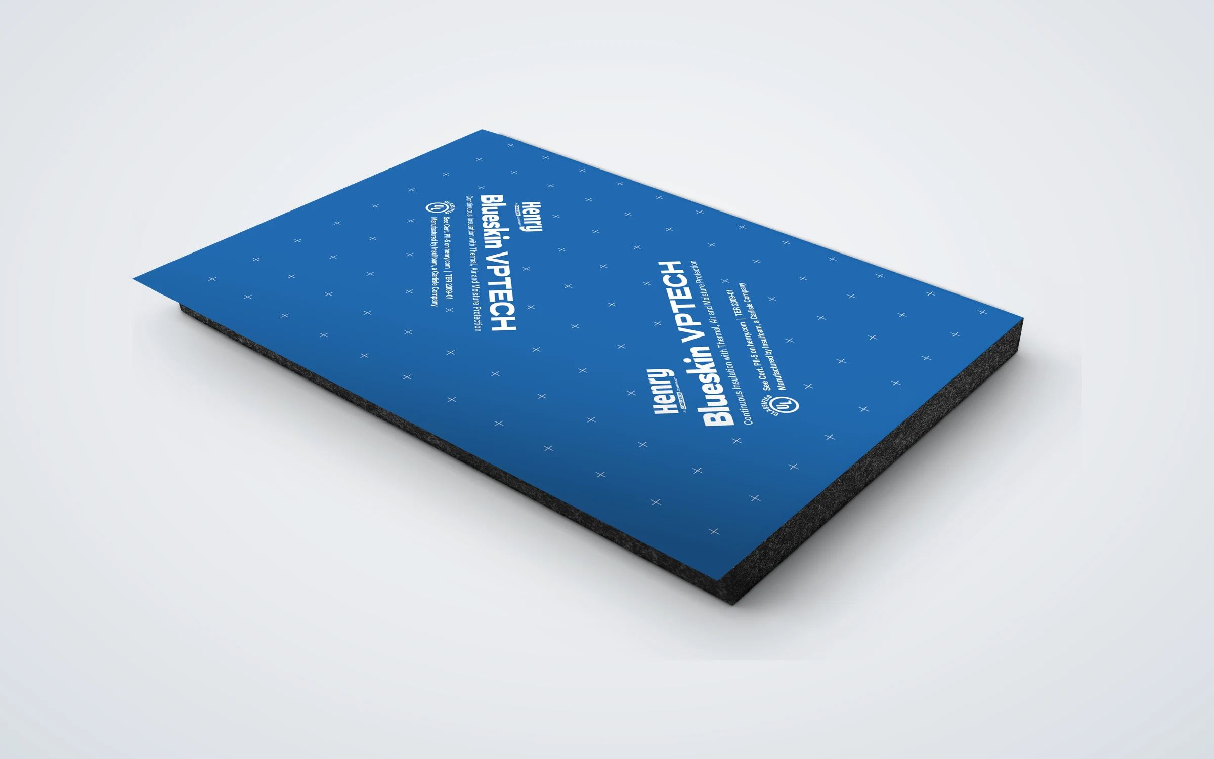 The Blueskin VPTech panel laid flat, its facer printed with the Henry and Blueskin VPTech lockups on the diagonal over a field of crosshairs