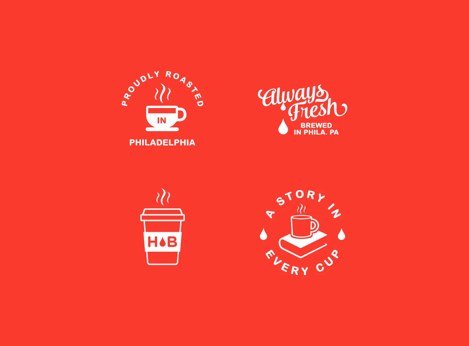 The stamps: proudly roasted in Philadelphia, always fresh, a story in every cup