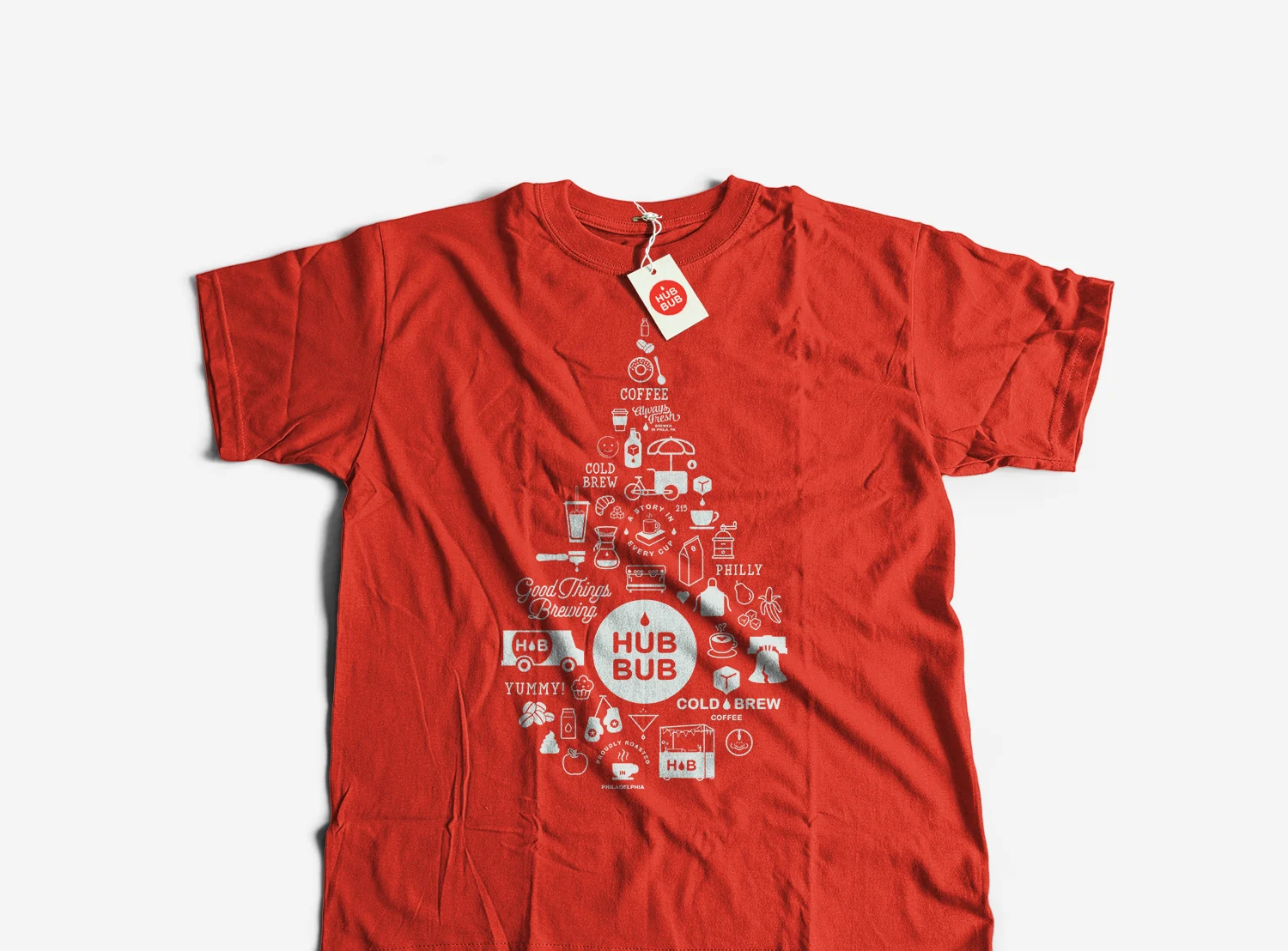 A red tee: the drop, filled with Hubbub's icons