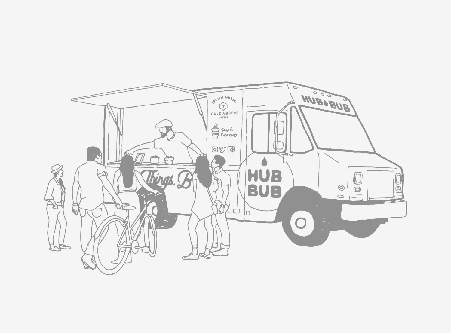The truck drawn in line, serving a crowd