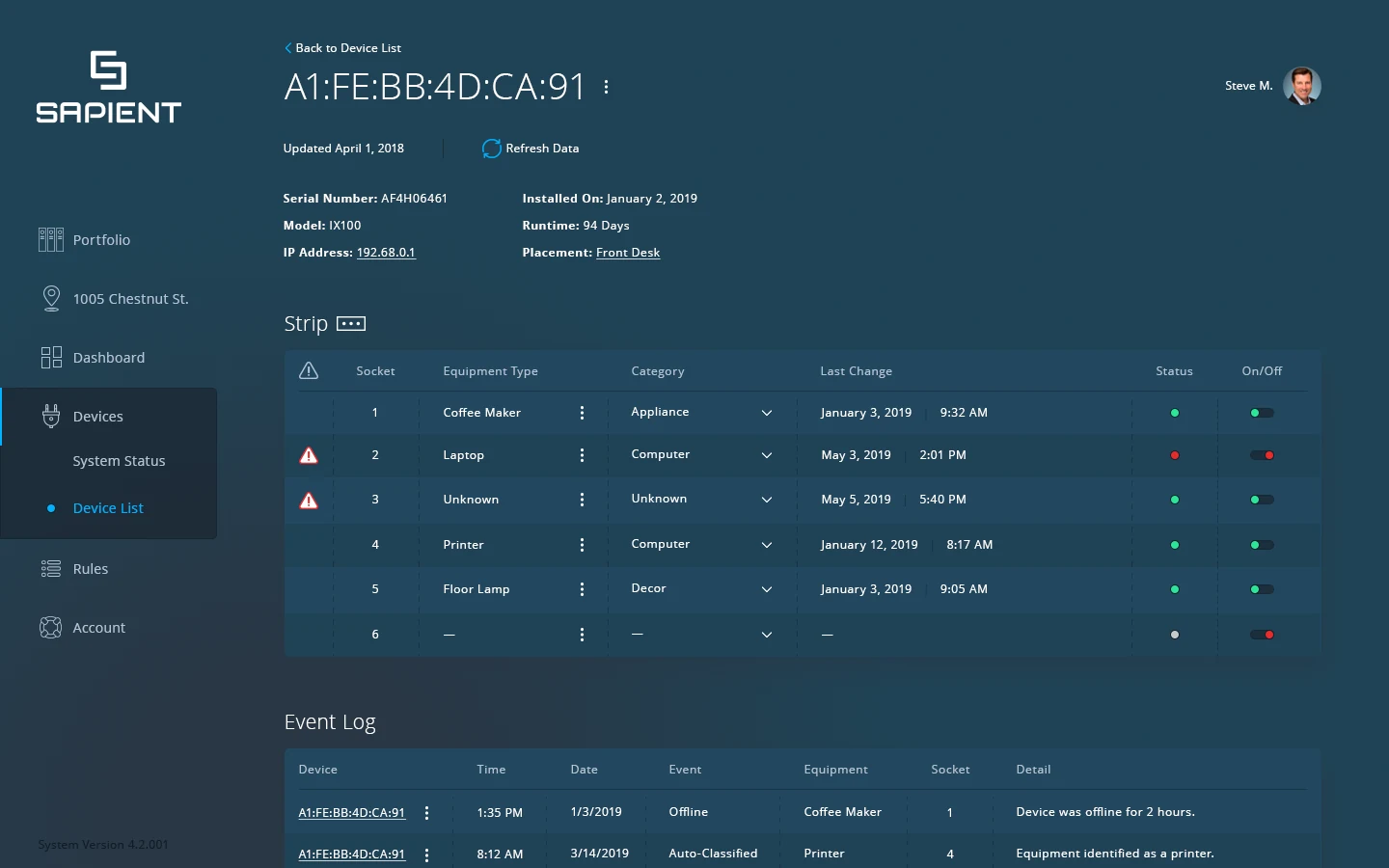 One device: its status and its event log