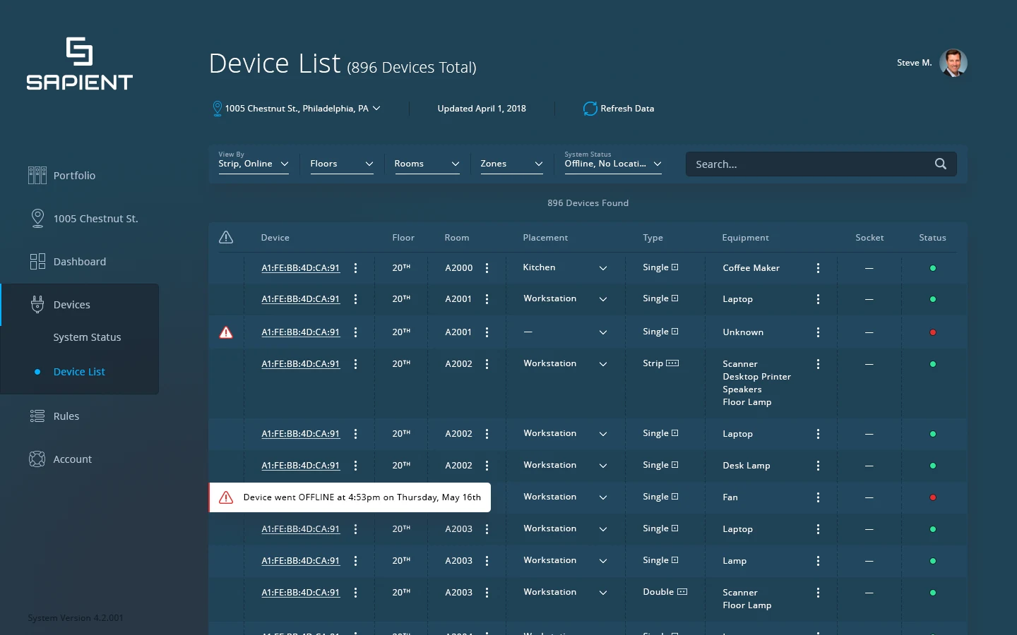 The device list, filtered