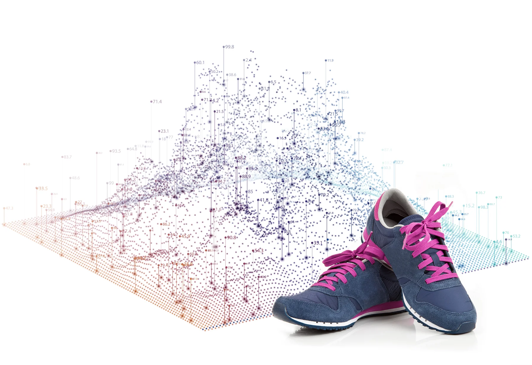 A running shoe rising out of a field of data points