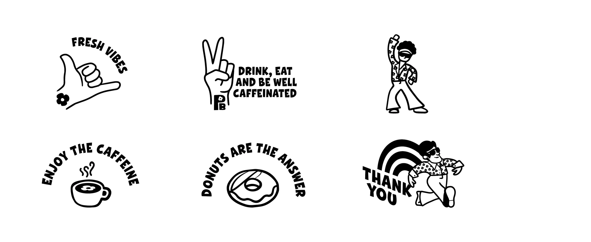 The illustrations: fresh vibes, drink eat and be well caffeinated, enjoy the caffeine, donuts are the answer, thank you