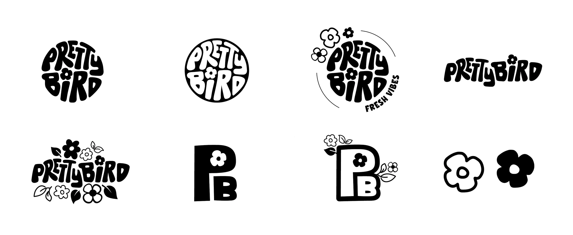 The Pretty Bird logo family: the round mark, the badge, the wordmark, the PB monogram and the flowers